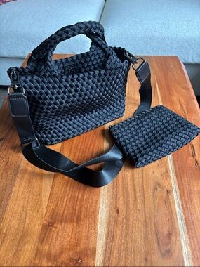 Woven Black Women’s Shoulder Bag with Detachable Pouch